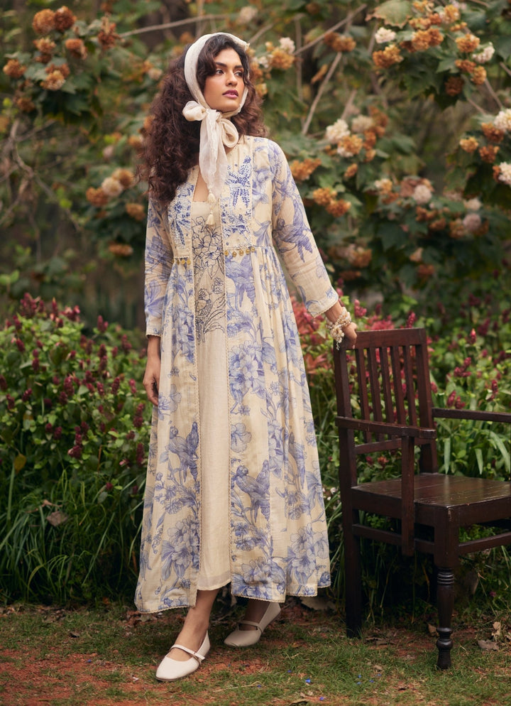 Ivory And Blue Printed Maxi Dress With Jacket Paulmi and Harsh - Fabilicious Fashion
