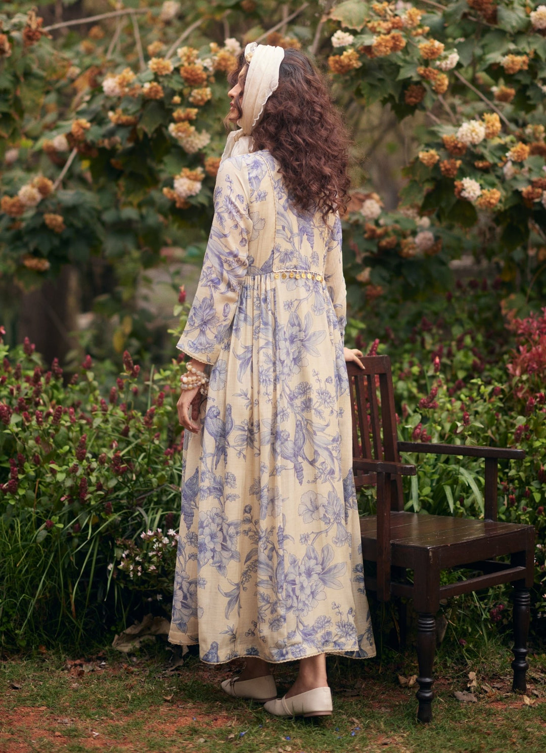 Ivory And Blue Printed Maxi Dress With Jacket Paulmi and Harsh - Fabilicious Fashion
