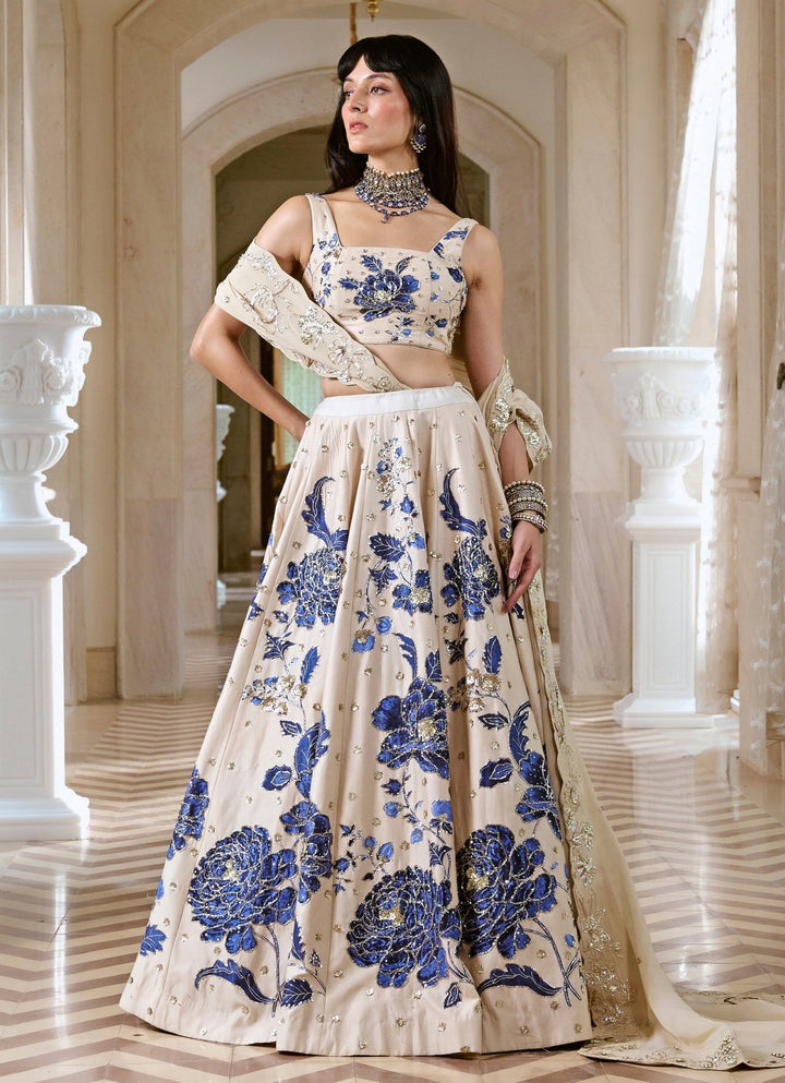 Paulmi and Harsh Ivory And Blue Printed Silk Lehenga SetFabilicious Fashion
