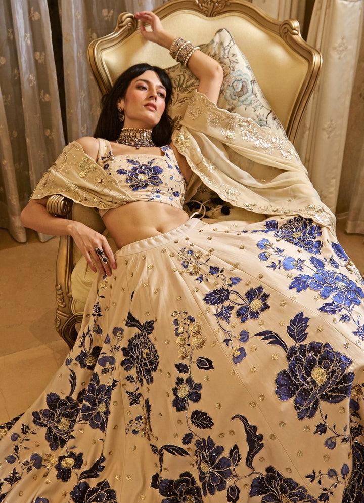 Paulmi and Harsh Ivory And Blue Printed Silk Lehenga SetFabilicious Fashion