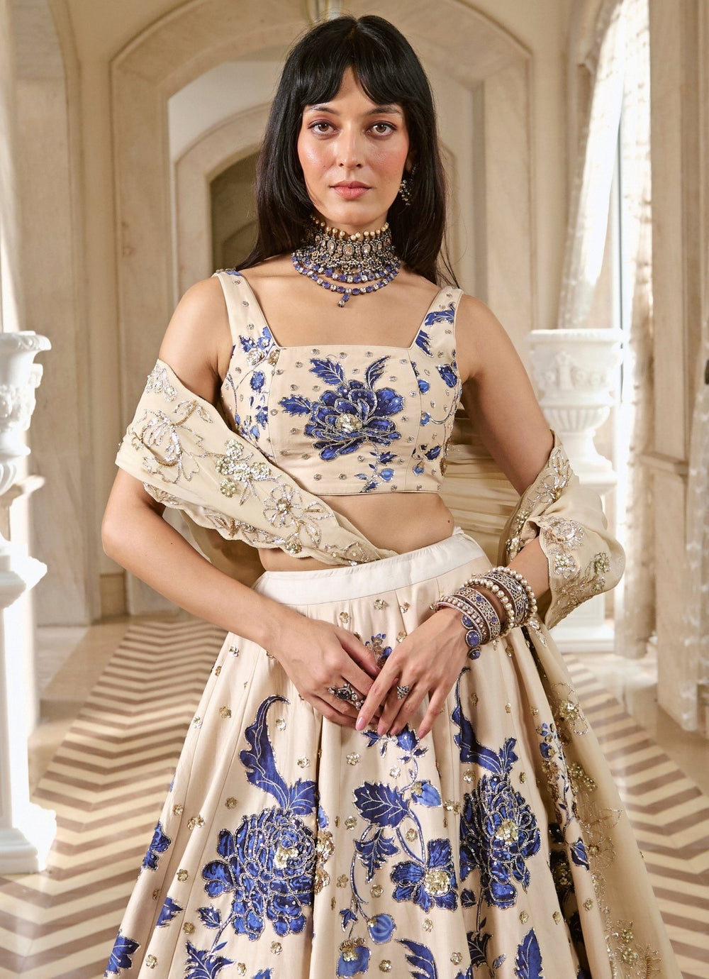 Paulmi and Harsh Ivory And Blue Printed Silk Lehenga SetFabilicious Fashion