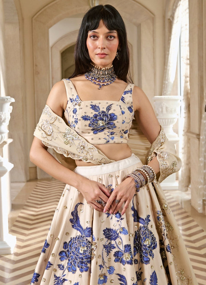 Paulmi and Harsh Ivory And Blue Printed Silk Lehenga SetFabilicious Fashion