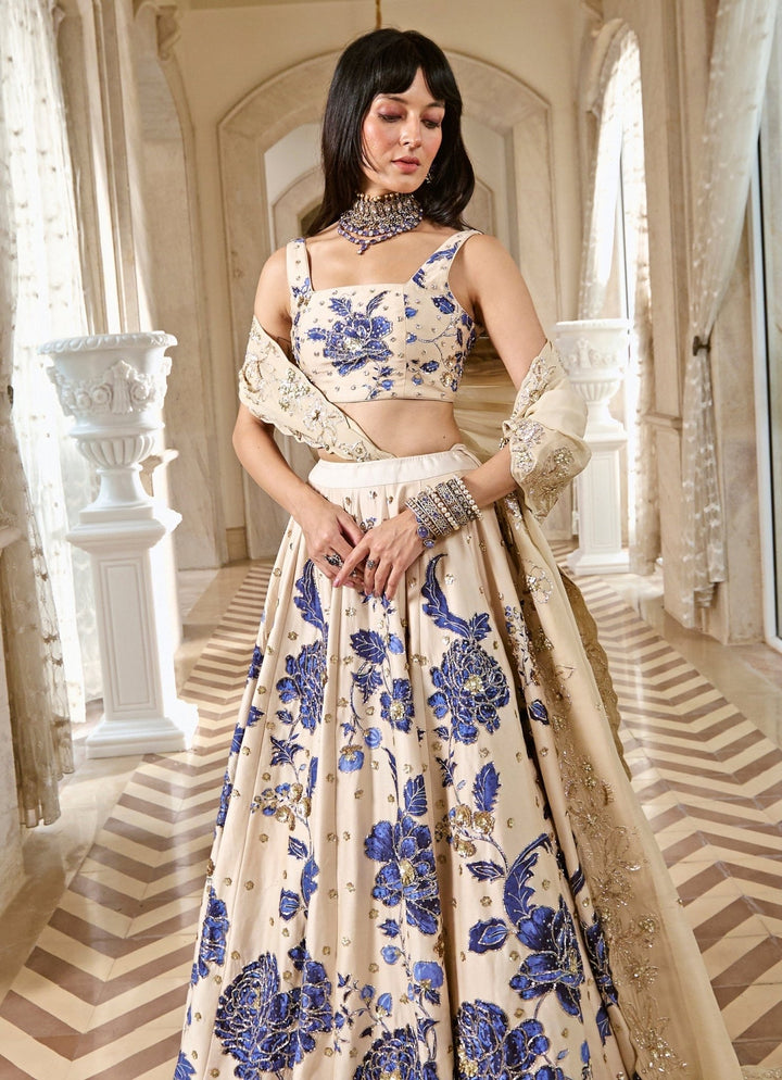 Paulmi and Harsh Ivory And Blue Printed Silk Lehenga SetFabilicious Fashion