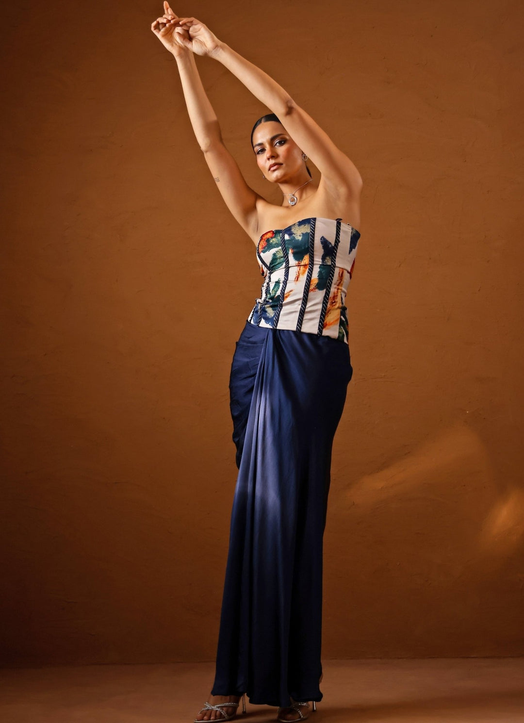 Studio Surbhi Ivory And Blue Satin Skirt Set With CorsetFabilicious Fashion