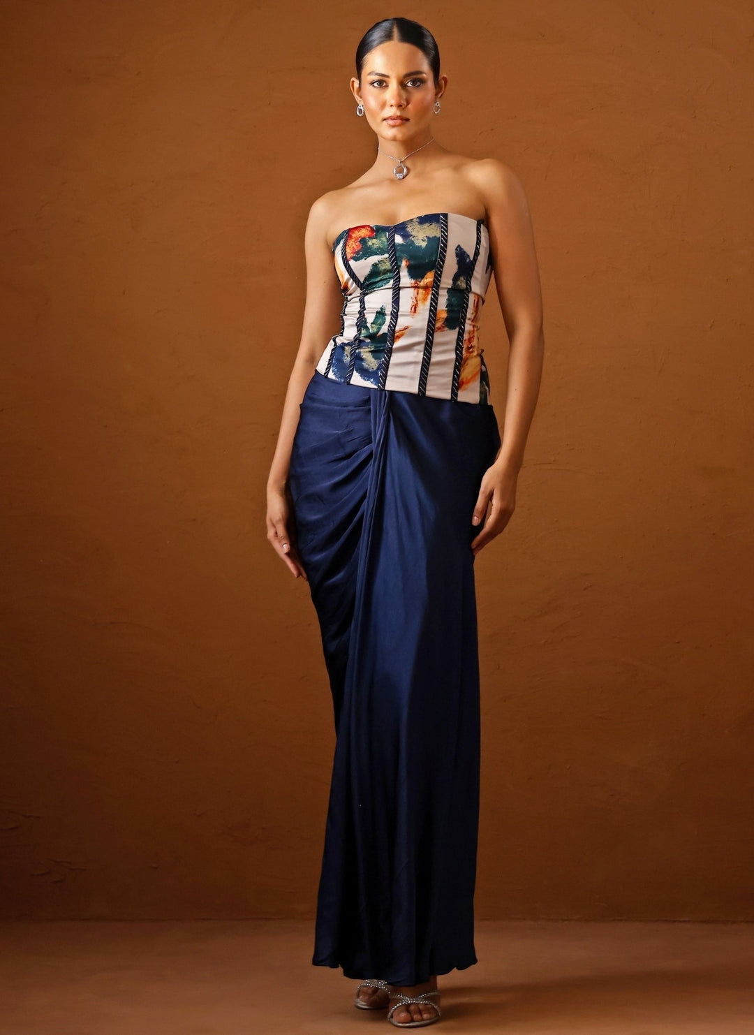 Studio Surbhi Ivory And Blue Satin Skirt Set With CorsetFabilicious Fashion