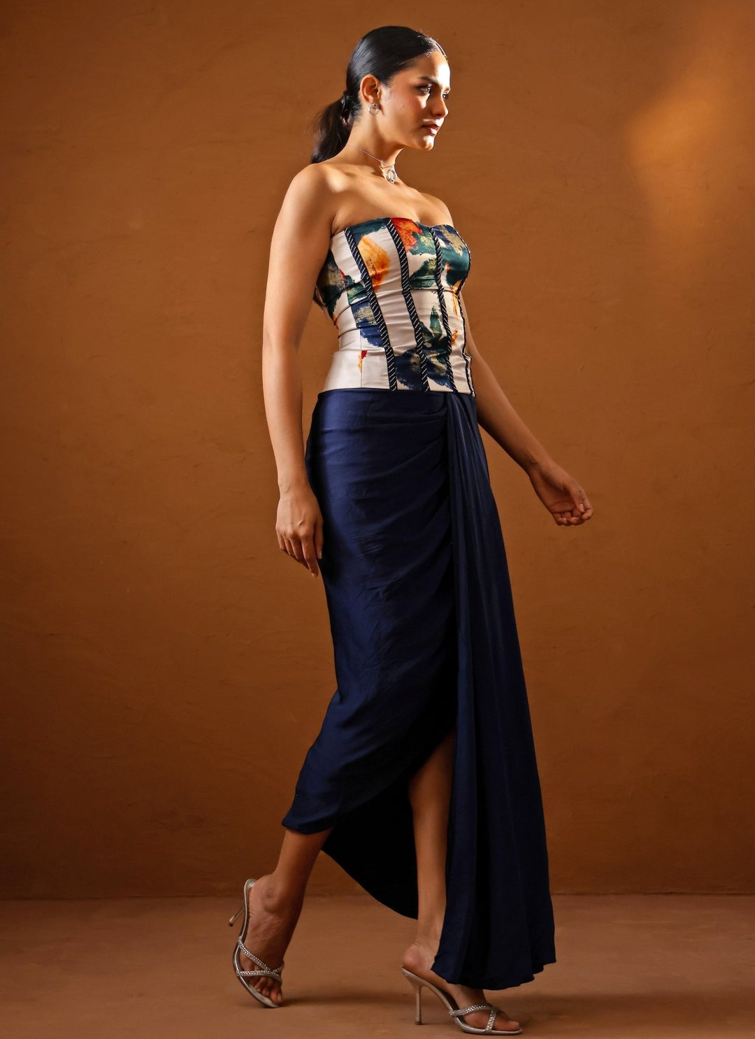 Studio Surbhi Ivory And Blue Satin Skirt Set With CorsetFabilicious Fashion