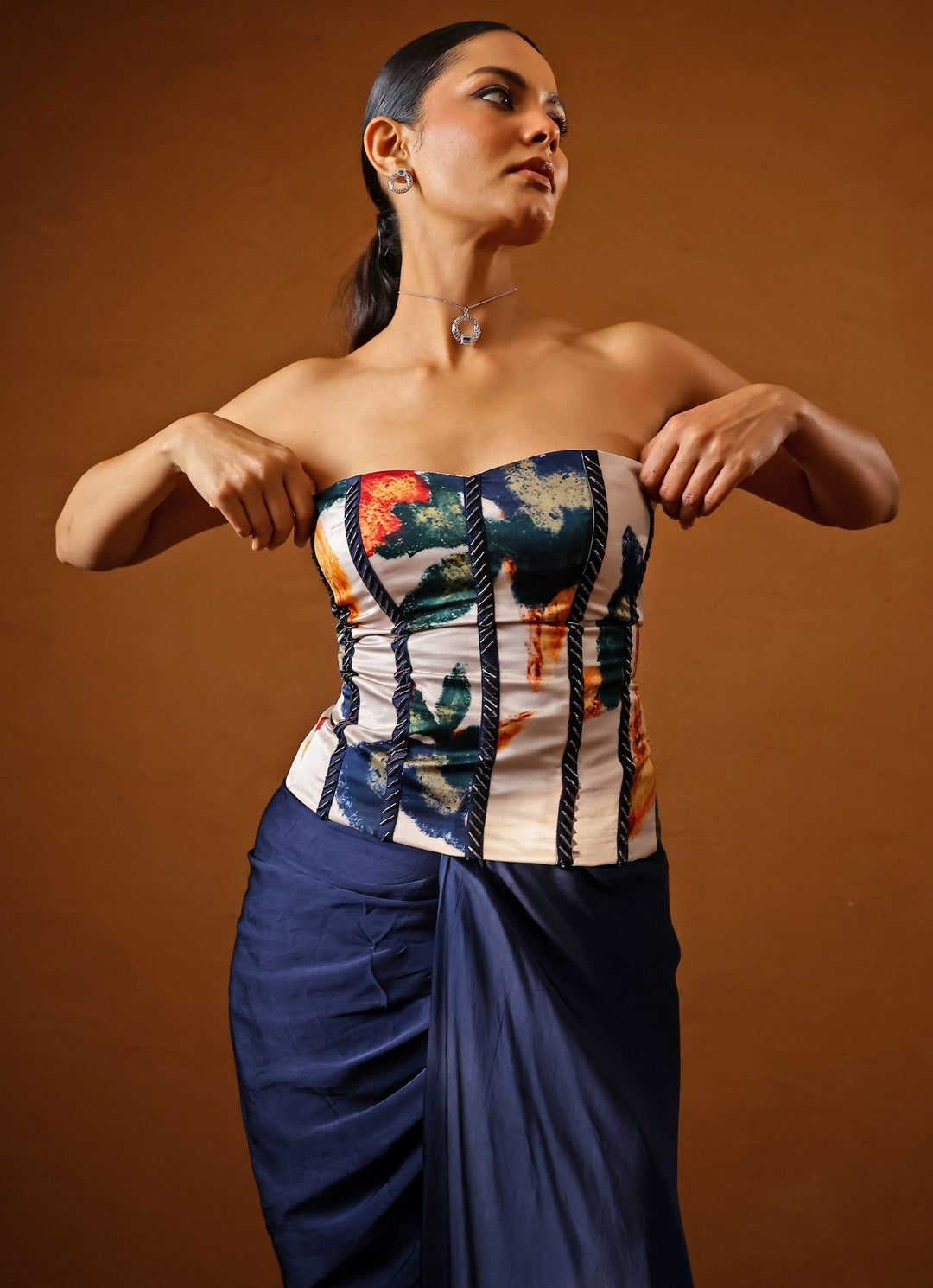 Studio Surbhi Ivory And Blue Satin Skirt Set With CorsetFabilicious Fashion