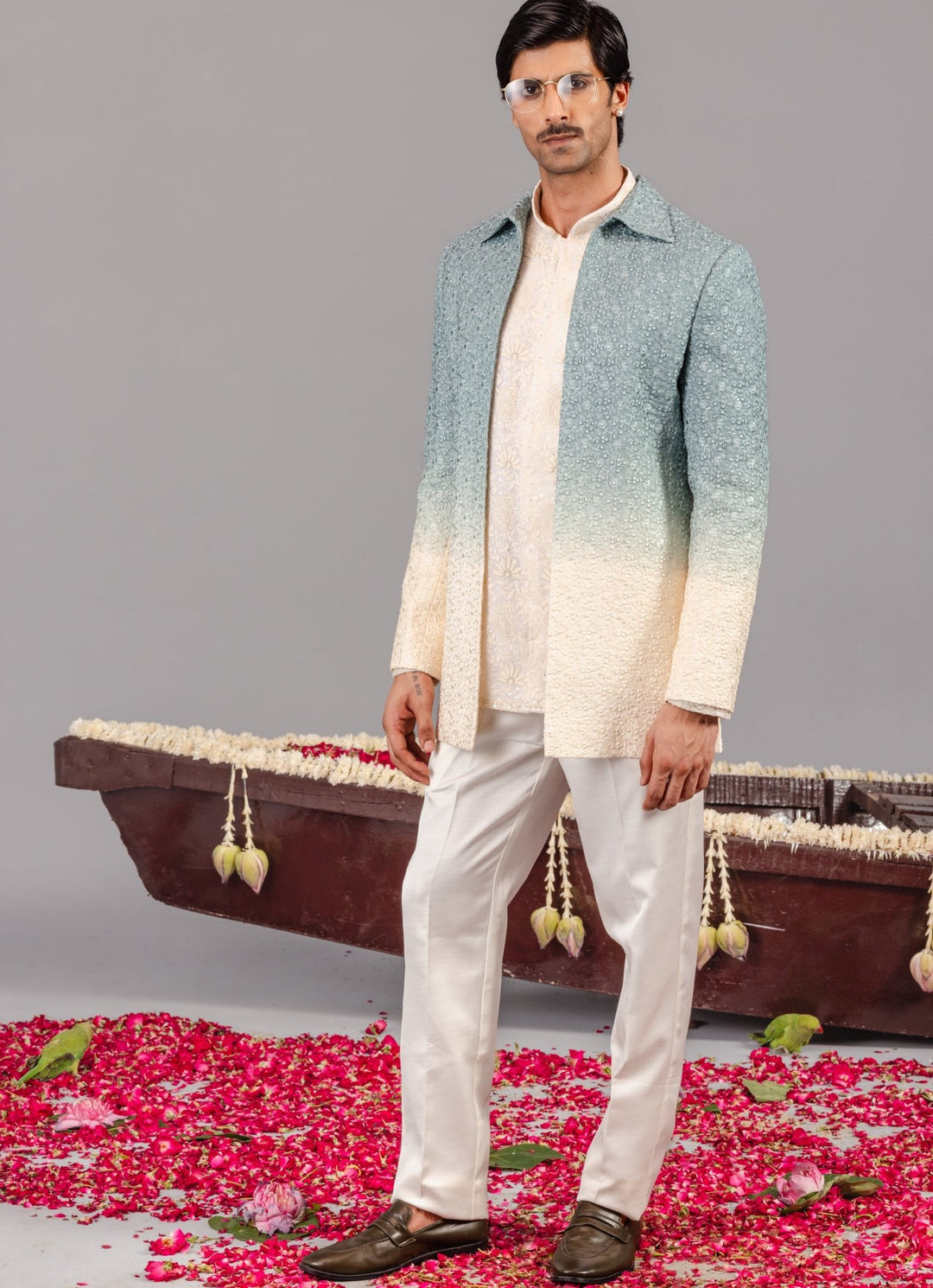 Ivory and Blue Silk Jodhpuri Set Kalpraag - Fabilicious Fashion