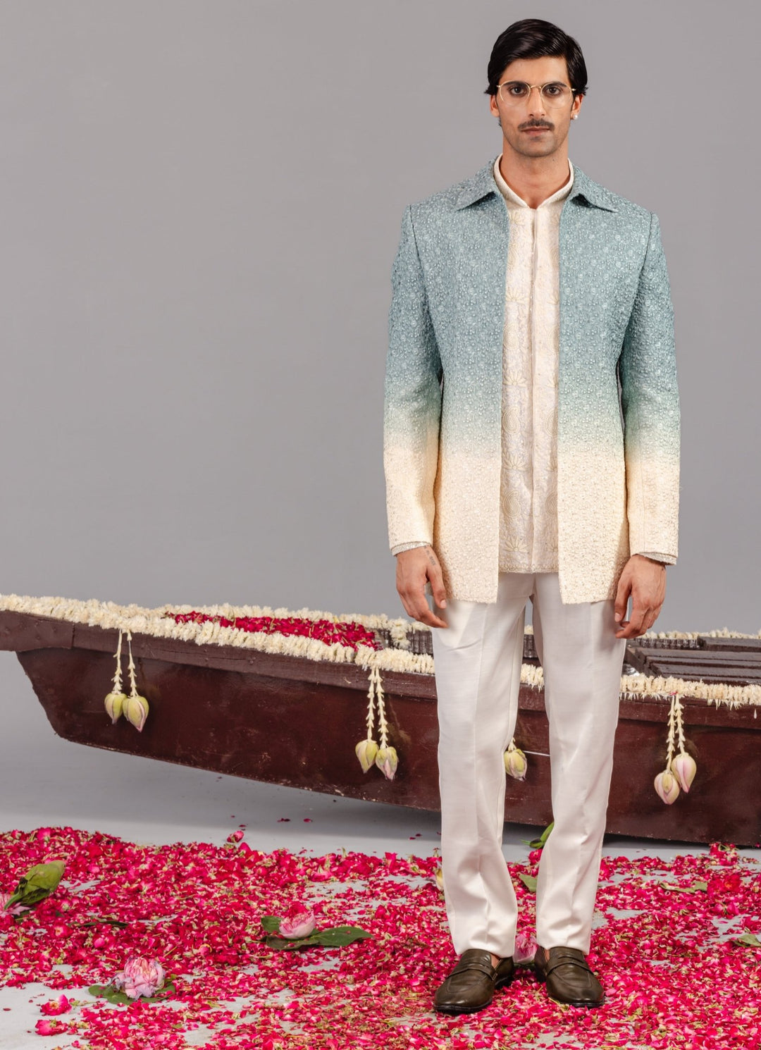 Ivory and Blue Silk Jodhpuri Set Kalpraag - Fabilicious Fashion