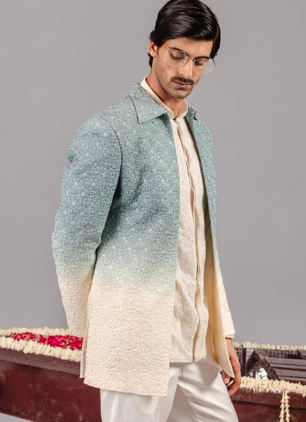 Ivory and Blue Silk Jodhpuri Set Kalpraag - Fabilicious Fashion