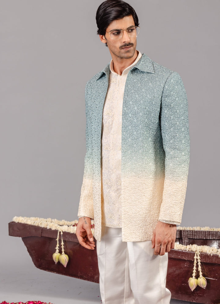 Ivory and Blue Silk Jodhpuri Set Kalpraag - Fabilicious Fashion