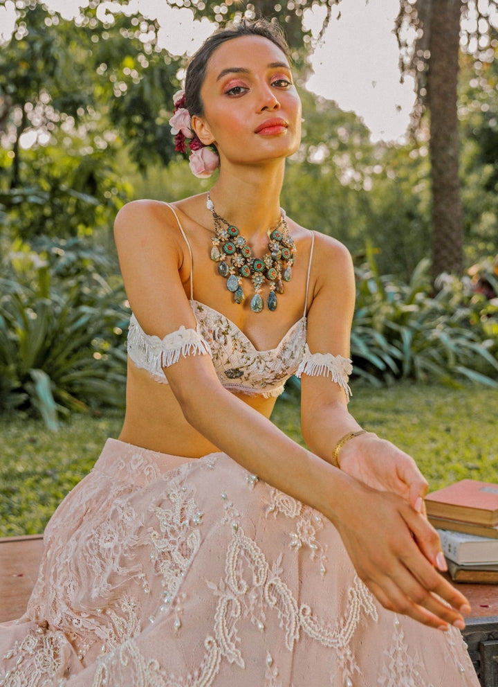 The Little Black Bow Ivory And Blush Embroidered Lace Lehenga SetFabilicious Fashion