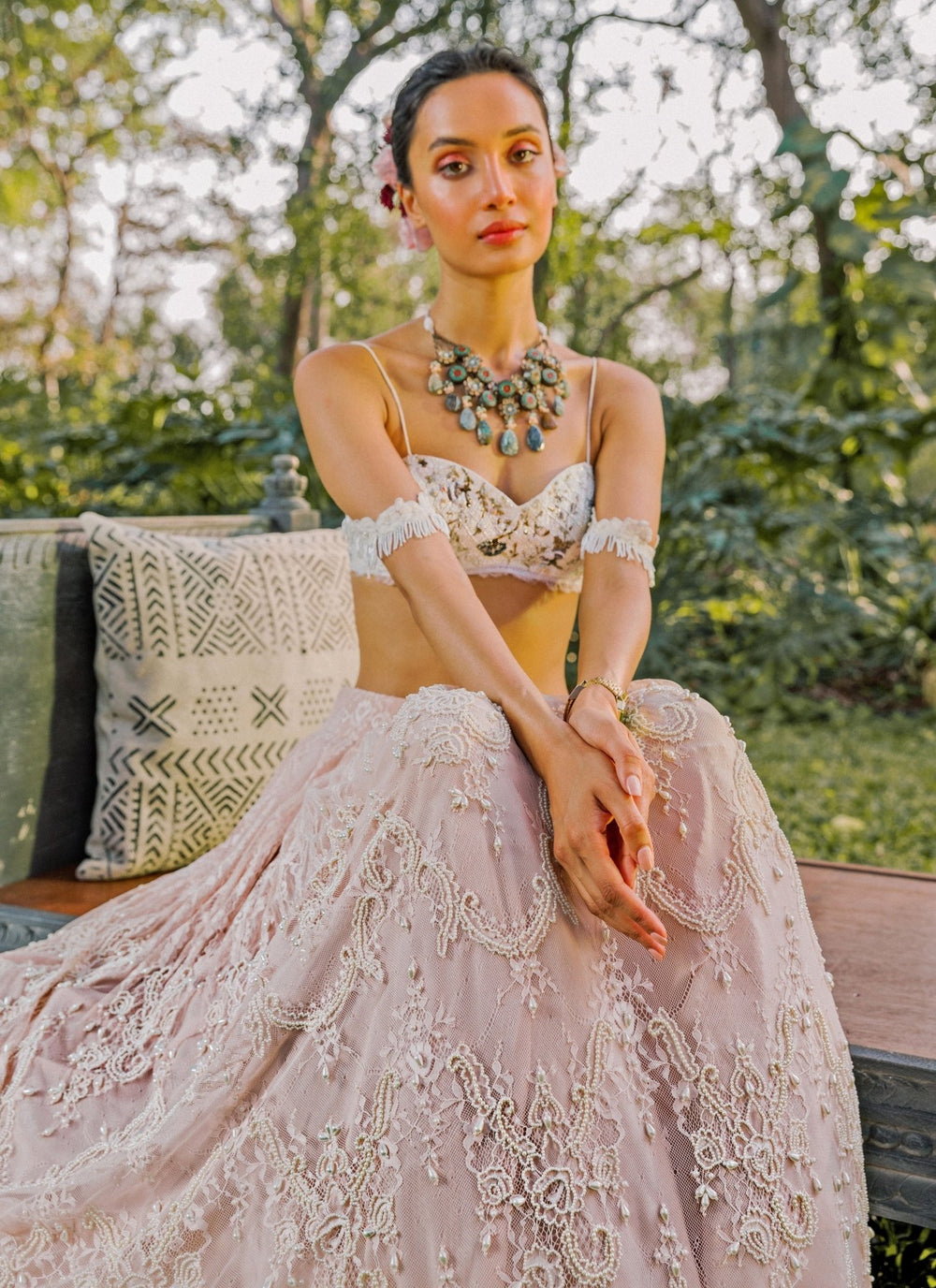 The Little Black Bow Ivory And Blush Embroidered Lace Lehenga SetFabilicious Fashion