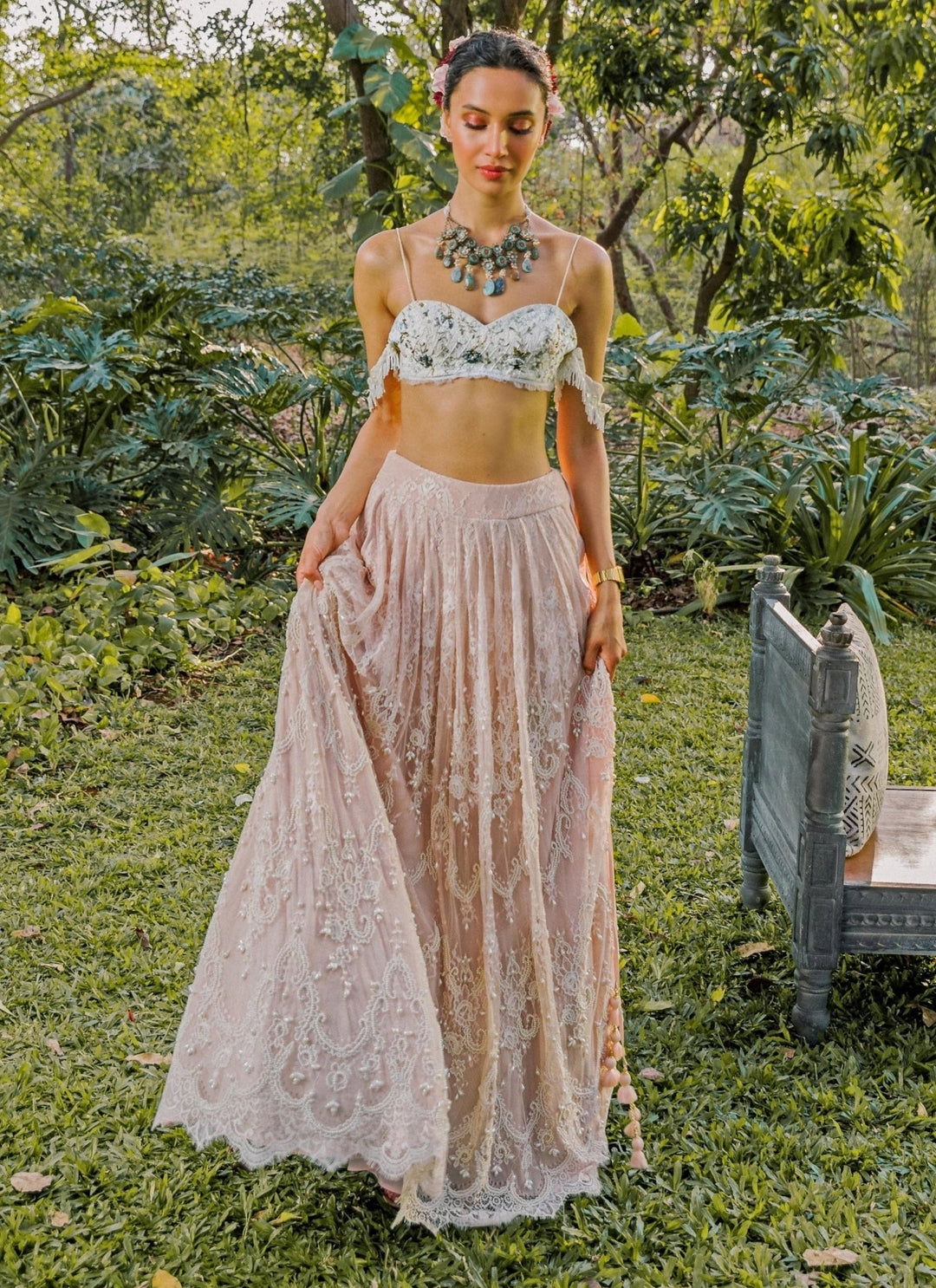 The Little Black Bow Ivory And Blush Embroidered Lace Lehenga SetFabilicious Fashion