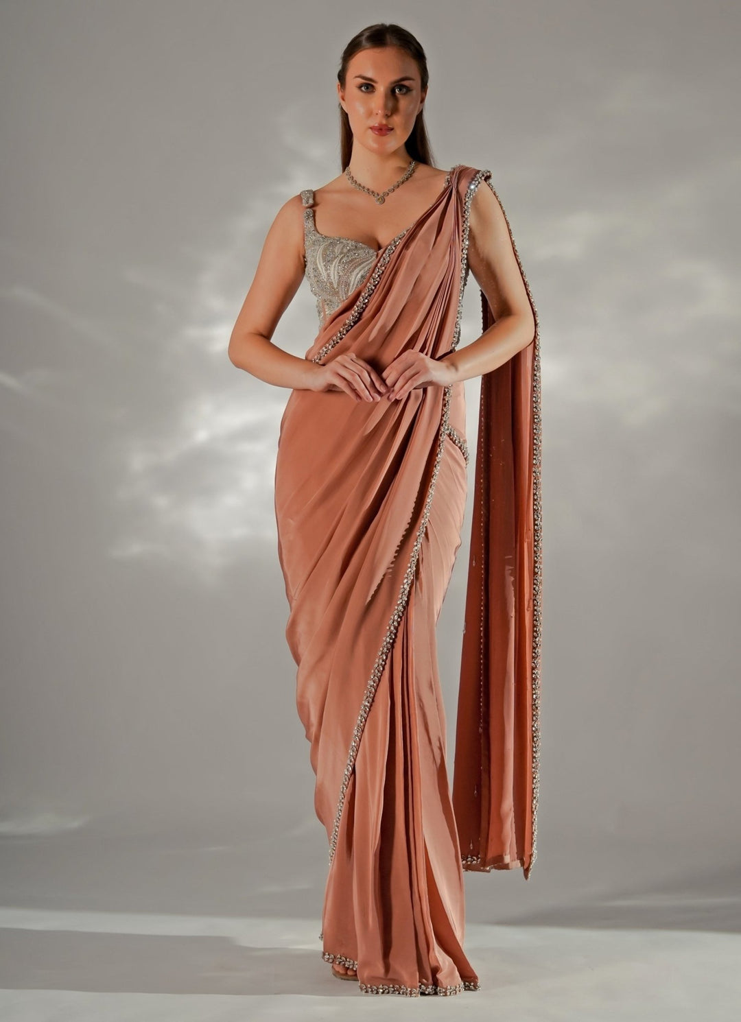 Ivory And Brown Satin Pre - Draped Saree With Corset Jade by Ashima - Fabilicious Fashion