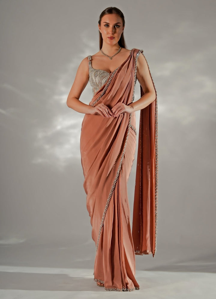 Ivory And Brown Satin Pre - Draped Saree With Corset Jade by Ashima - Fabilicious Fashion