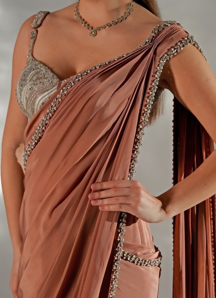 Ivory And Brown Satin Pre - Draped Saree With Corset Jade by Ashima - Fabilicious Fashion