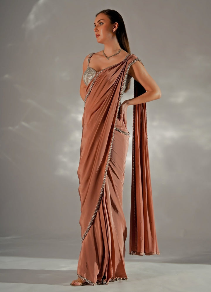 Ivory And Brown Satin Pre - Draped Saree With Corset Jade by Ashima - Fabilicious Fashion