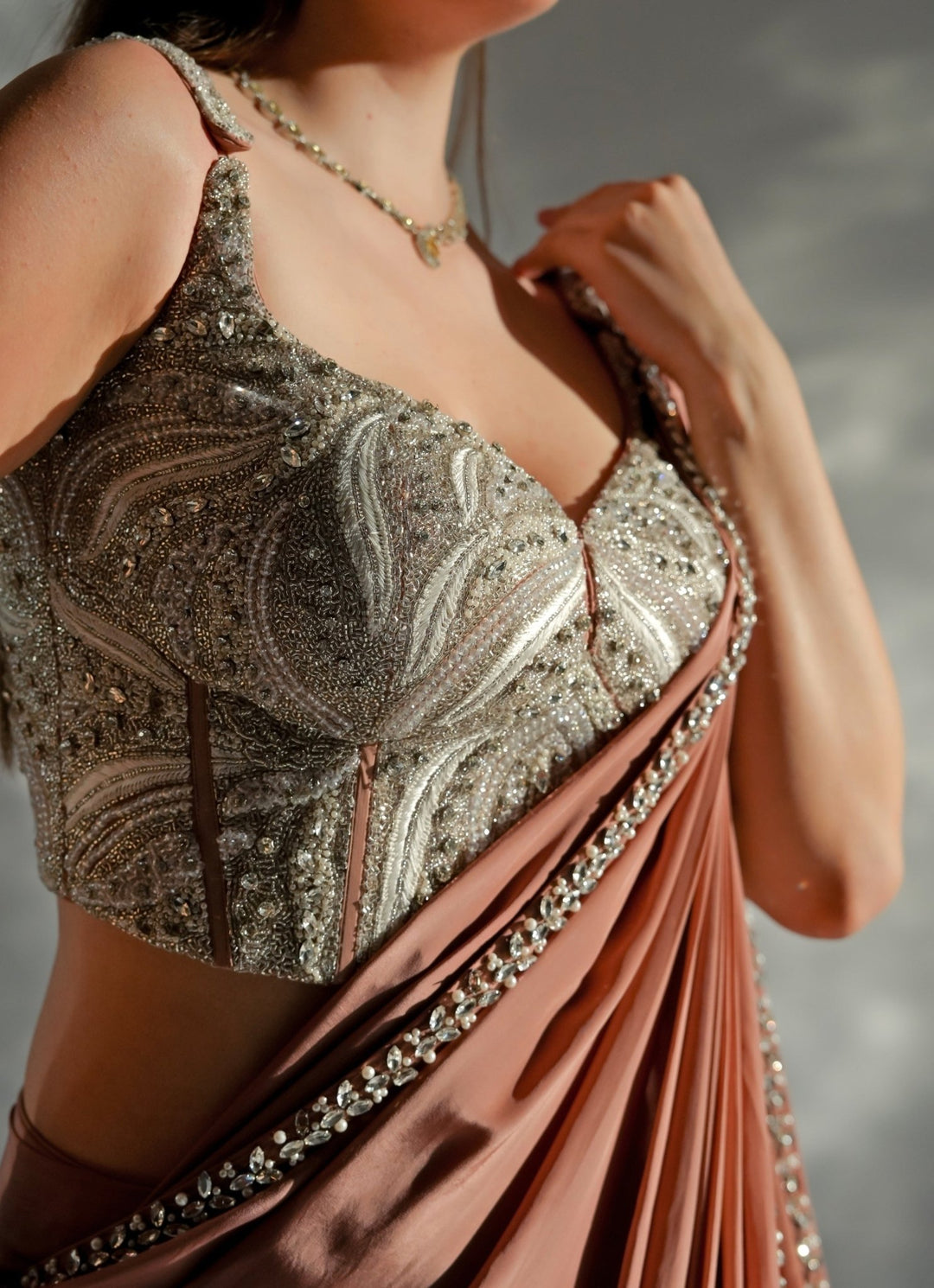 Ivory And Brown Satin Pre - Draped Saree With Corset Jade by Ashima - Fabilicious Fashion