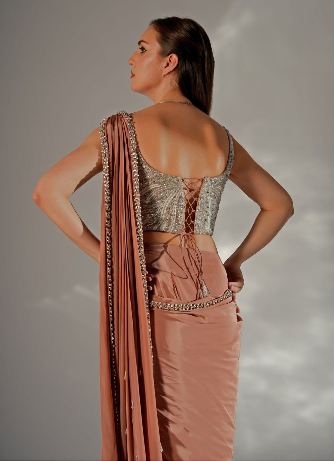 Ivory And Brown Satin Pre - Draped Saree With Corset Jade by Ashima - Fabilicious Fashion