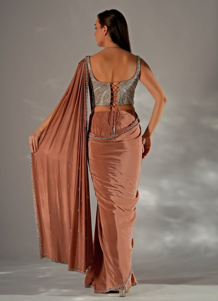 Ivory And Brown Satin Pre - Draped Saree With Corset Jade by Ashima - Fabilicious Fashion