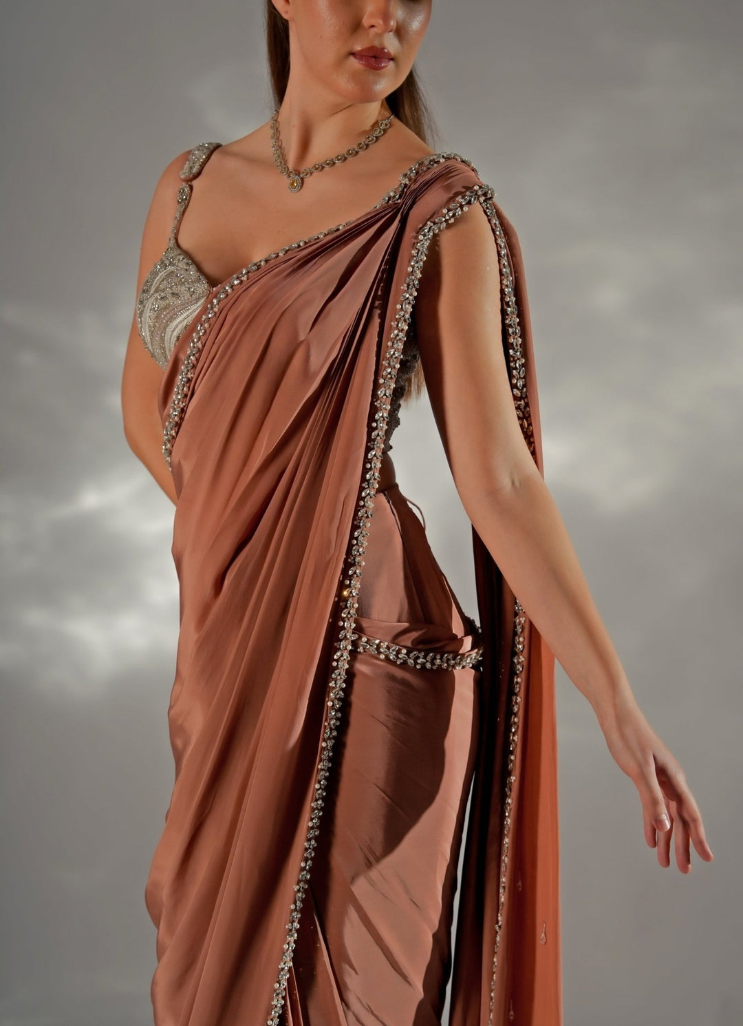 Ivory And Brown Satin Pre - Draped Saree With Corset Jade by Ashima - Fabilicious Fashion