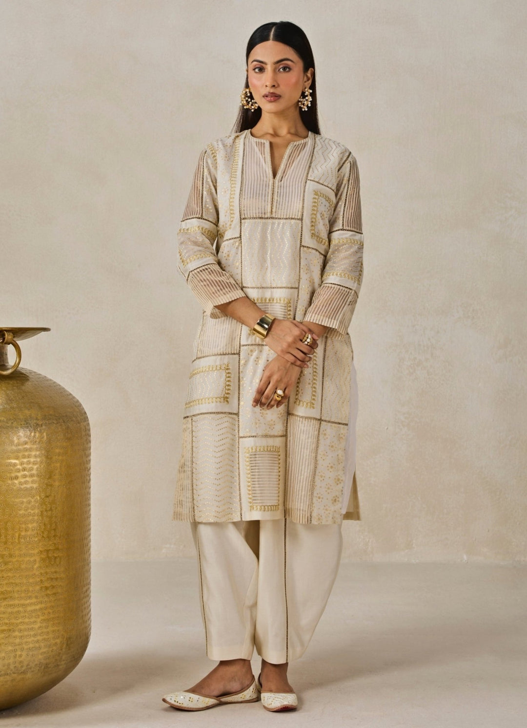Nitika Gujral Ivory And Gold Chanderi Kurta Salwar SetFabilicious Fashion