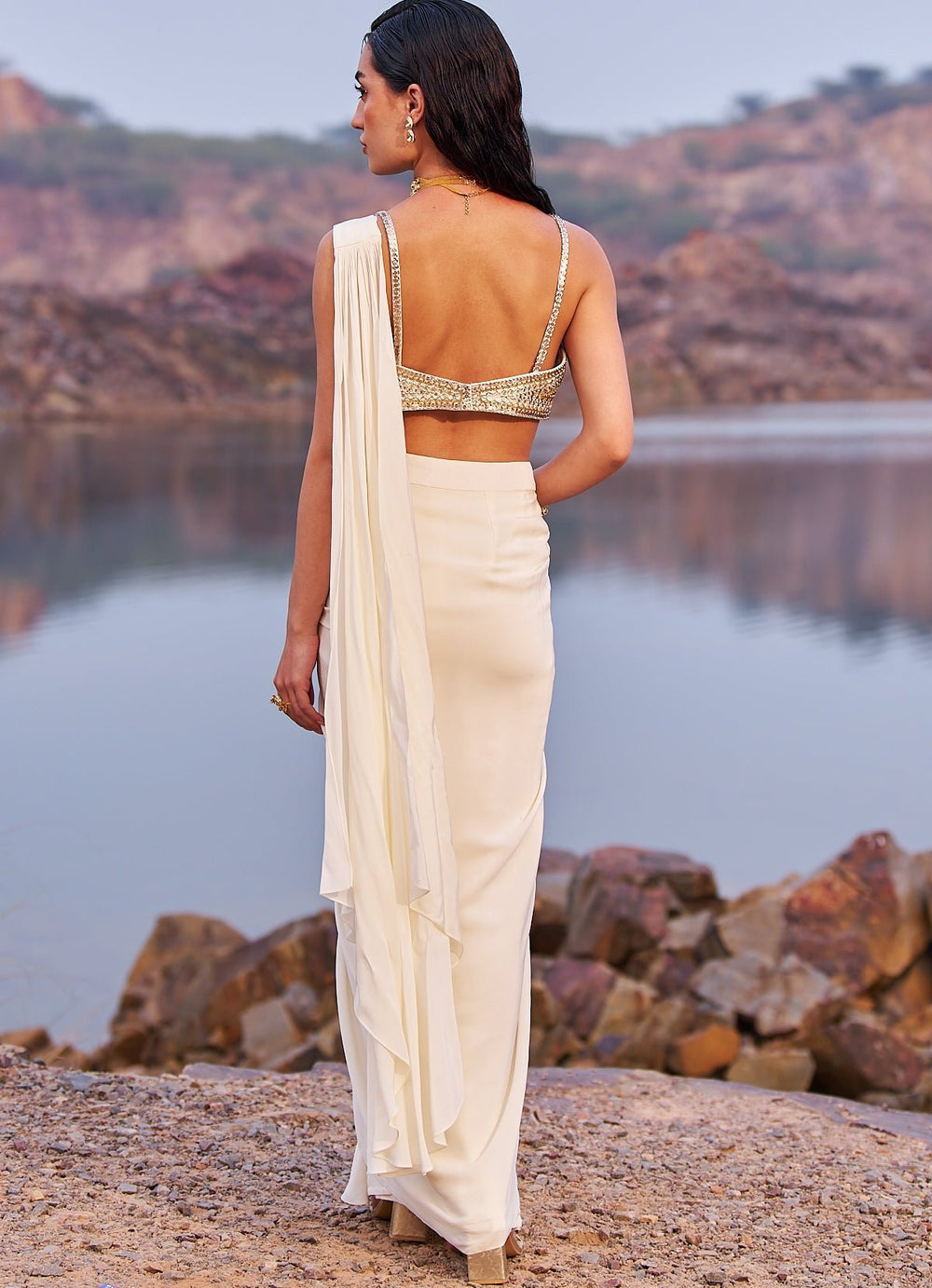 Ivory and Gold Corset Saree Nidhika Shekhar - Fabilicious Fashion