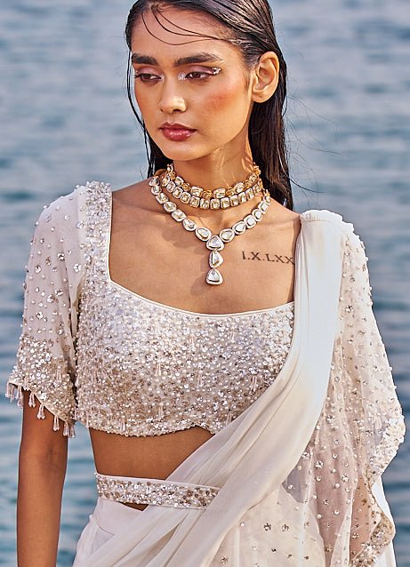Ivory and Gold Drape Sequinned Ruffle Saree Nidhika Shekhar - Fabilicious Fashion