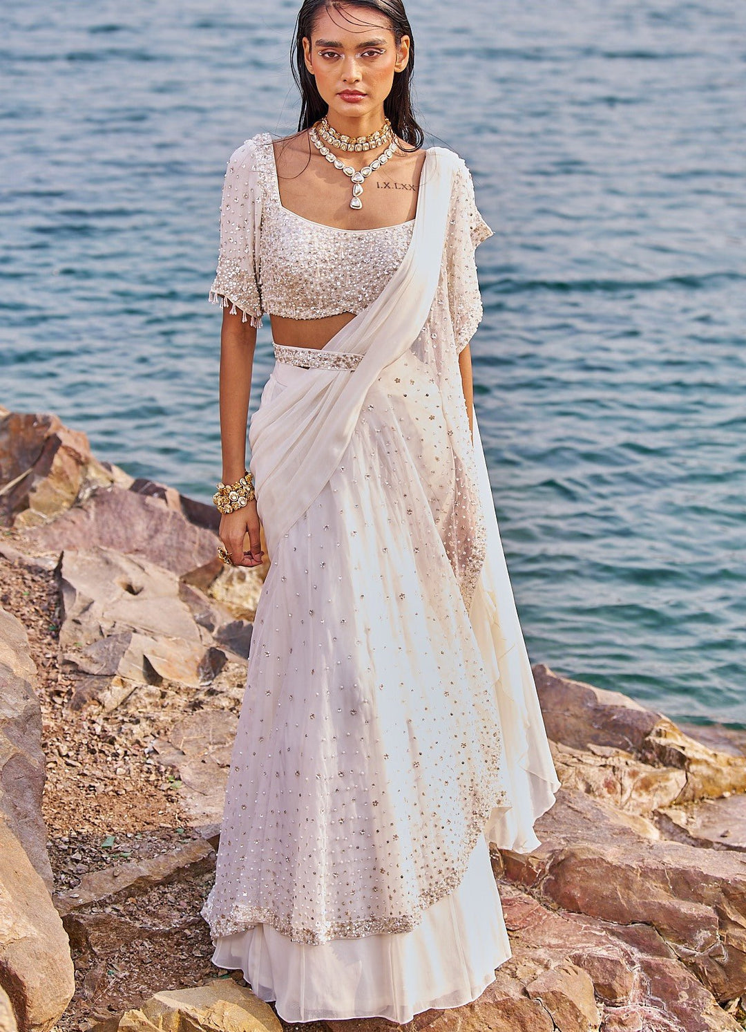 Ivory and Gold Drape Sequinned Ruffle Saree Nidhika Shekhar - Fabilicious Fashion