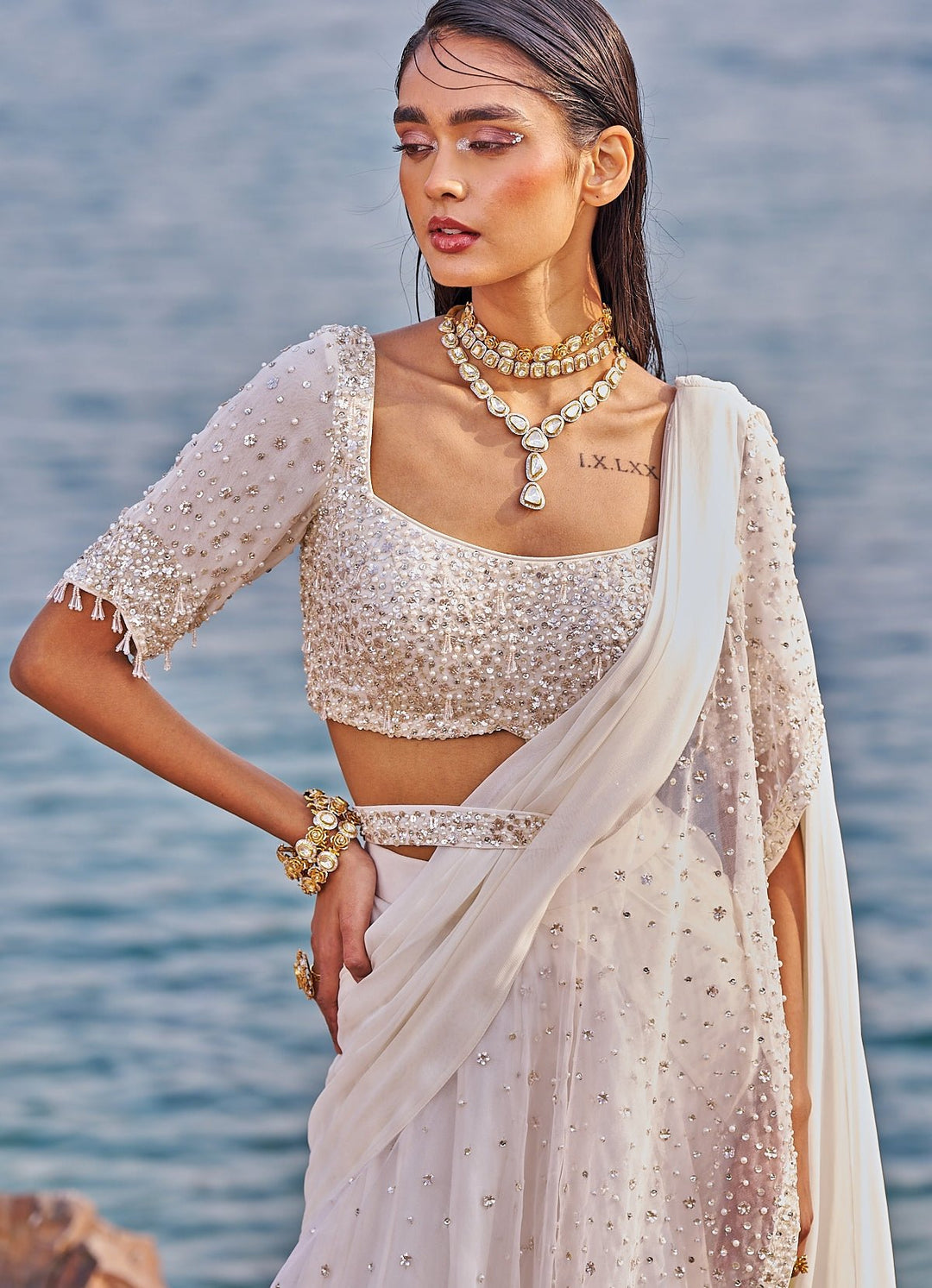 Ivory and Gold Drape Sequinned Ruffle Saree Nidhika Shekhar - Fabilicious Fashion