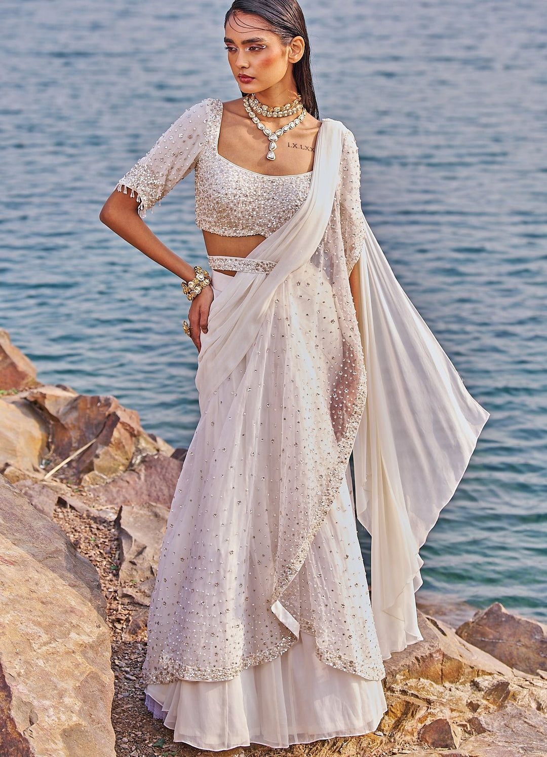 Ivory and Gold Drape Sequinned Ruffle Saree Nidhika Shekhar - Fabilicious Fashion