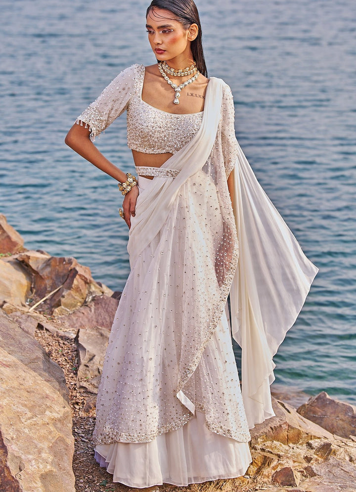 Ivory and Gold Drape Sequinned Ruffle Saree Nidhika Shekhar - Fabilicious Fashion