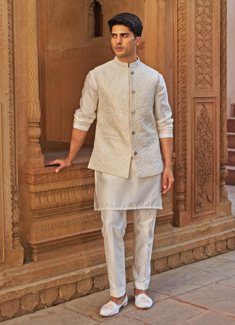 Ivory And Gold Embroidered Chanderi Kurta and Quilted Bundi Set Nidhika Shekhar - Men - Fabilicious Fashion