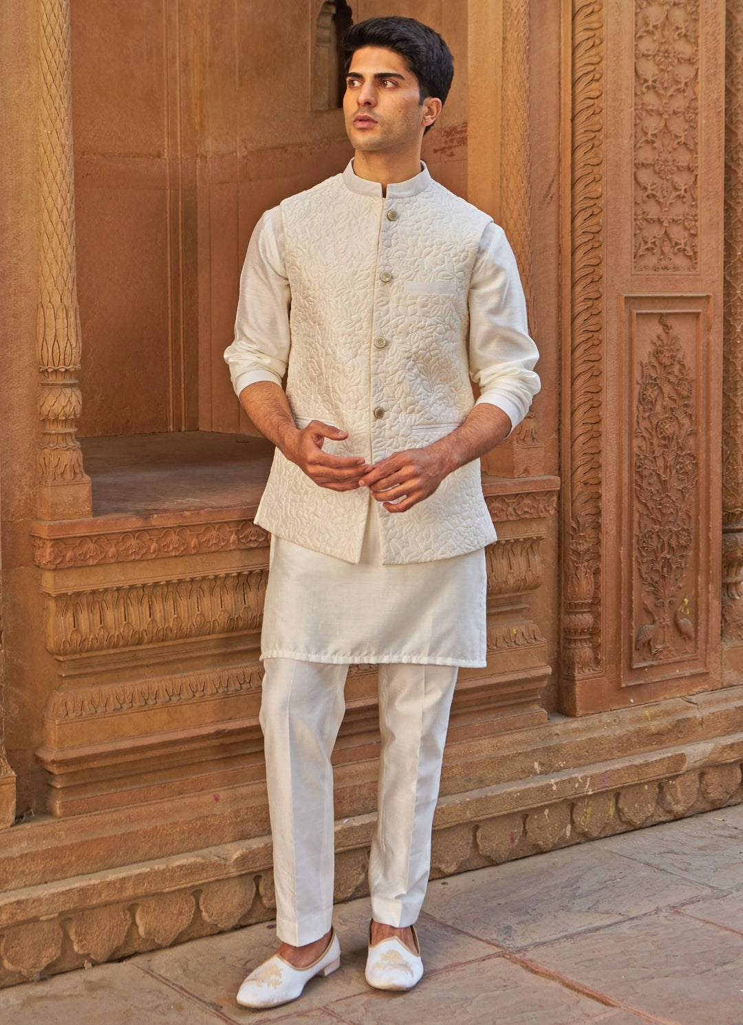 Ivory And Gold Embroidered Chanderi Kurta and Quilted Bundi Set Nidhika Shekhar - Men - Fabilicious Fashion