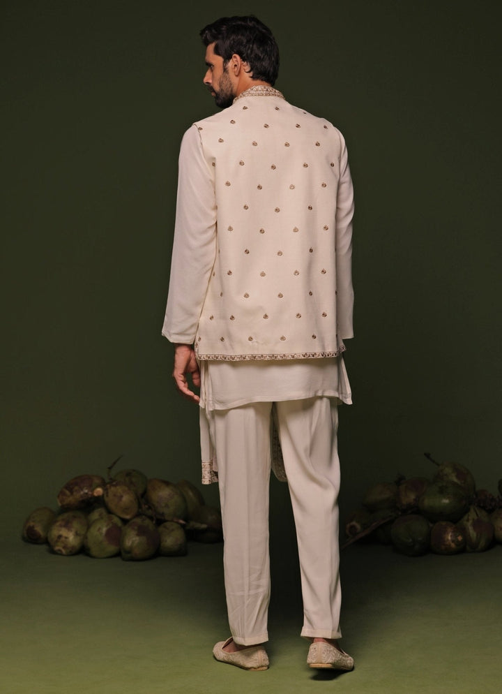 Ivory And Gold Embroidered Kurta Jacket Set With Dupatta Kalpraag - Fabilicious Fashion