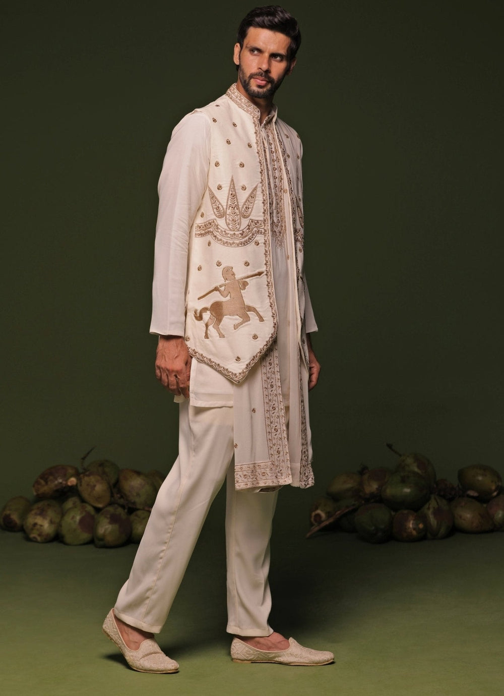 Ivory And Gold Embroidered Kurta Jacket Set With Dupatta Kalpraag - Fabilicious Fashion