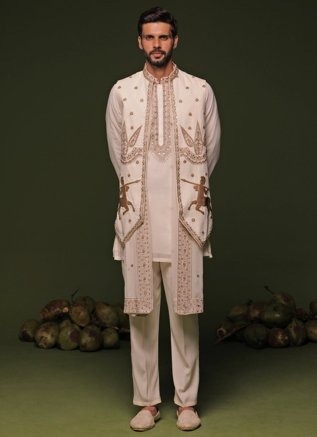 Ivory And Gold Embroidered Kurta Jacket Set With Dupatta Kalpraag - Fabilicious Fashion