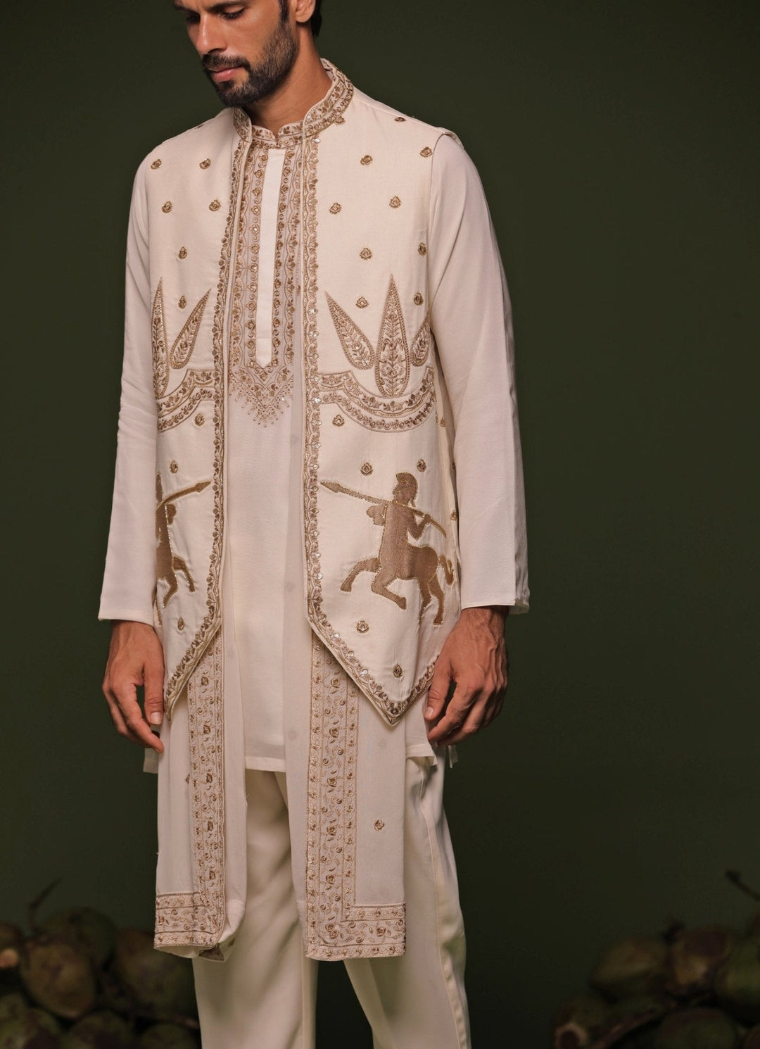 Ivory And Gold Embroidered Kurta Jacket Set With Dupatta Kalpraag - Fabilicious Fashion