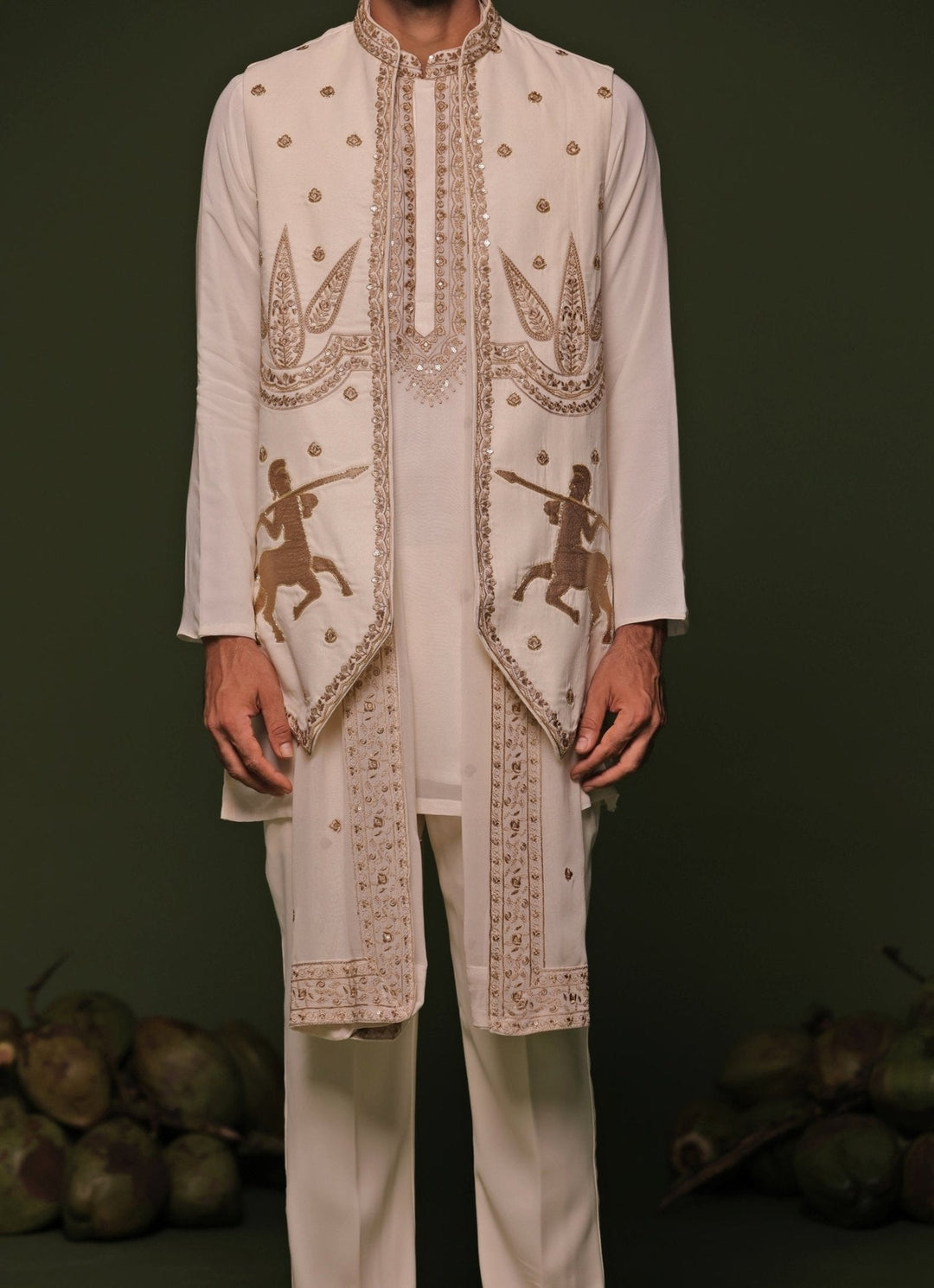 Ivory And Gold Embroidered Kurta Jacket Set With Dupatta Kalpraag - Fabilicious Fashion