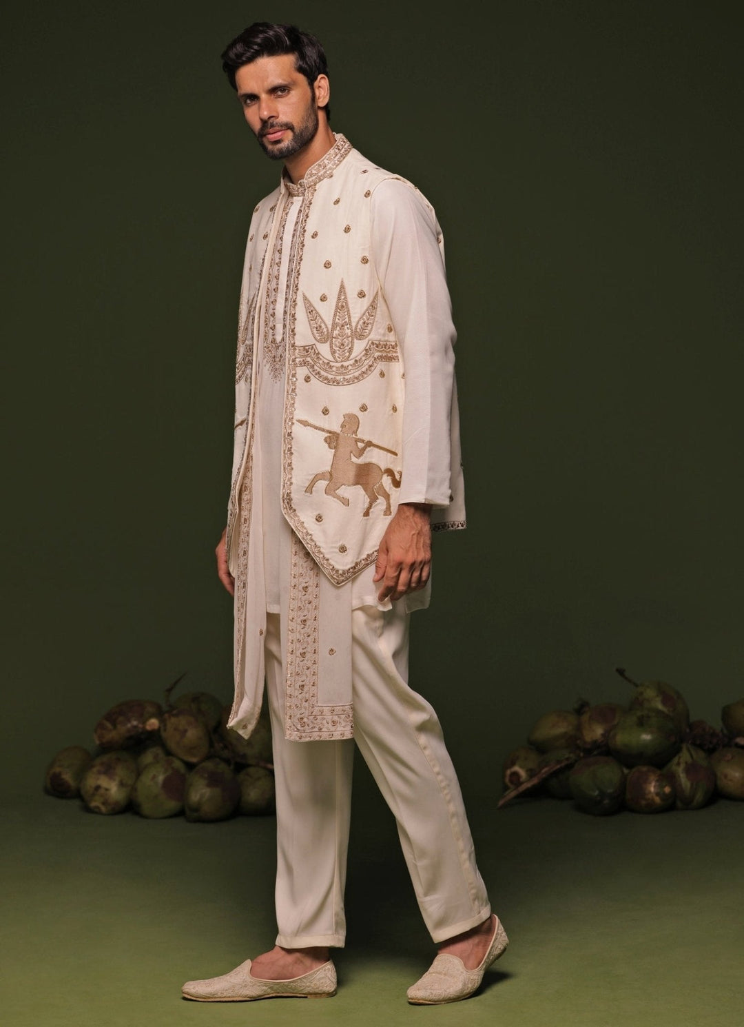 Ivory And Gold Embroidered Kurta Jacket Set With Dupatta Kalpraag - Fabilicious Fashion