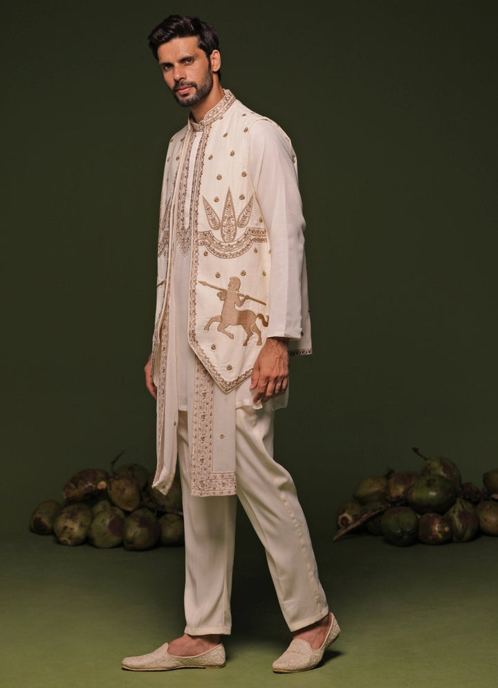 Ivory And Gold Embroidered Kurta Jacket Set With Dupatta Kalpraag - Fabilicious Fashion