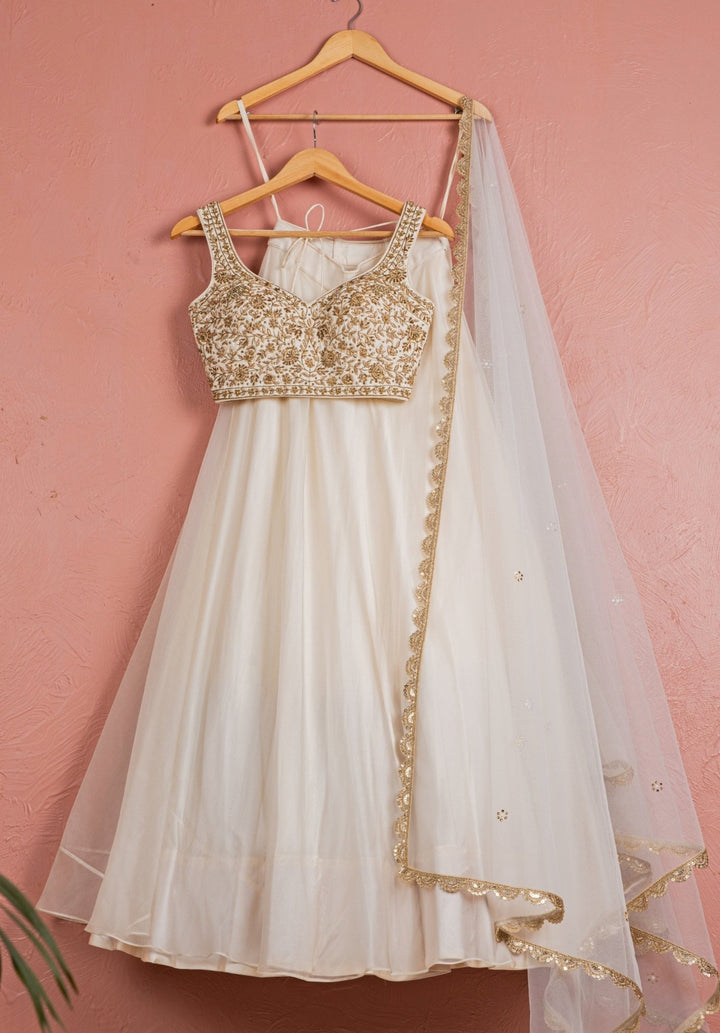 Ivory And Gold Embroidered Organza Lehenga Anisha Shetty - Fabilicious Fashion