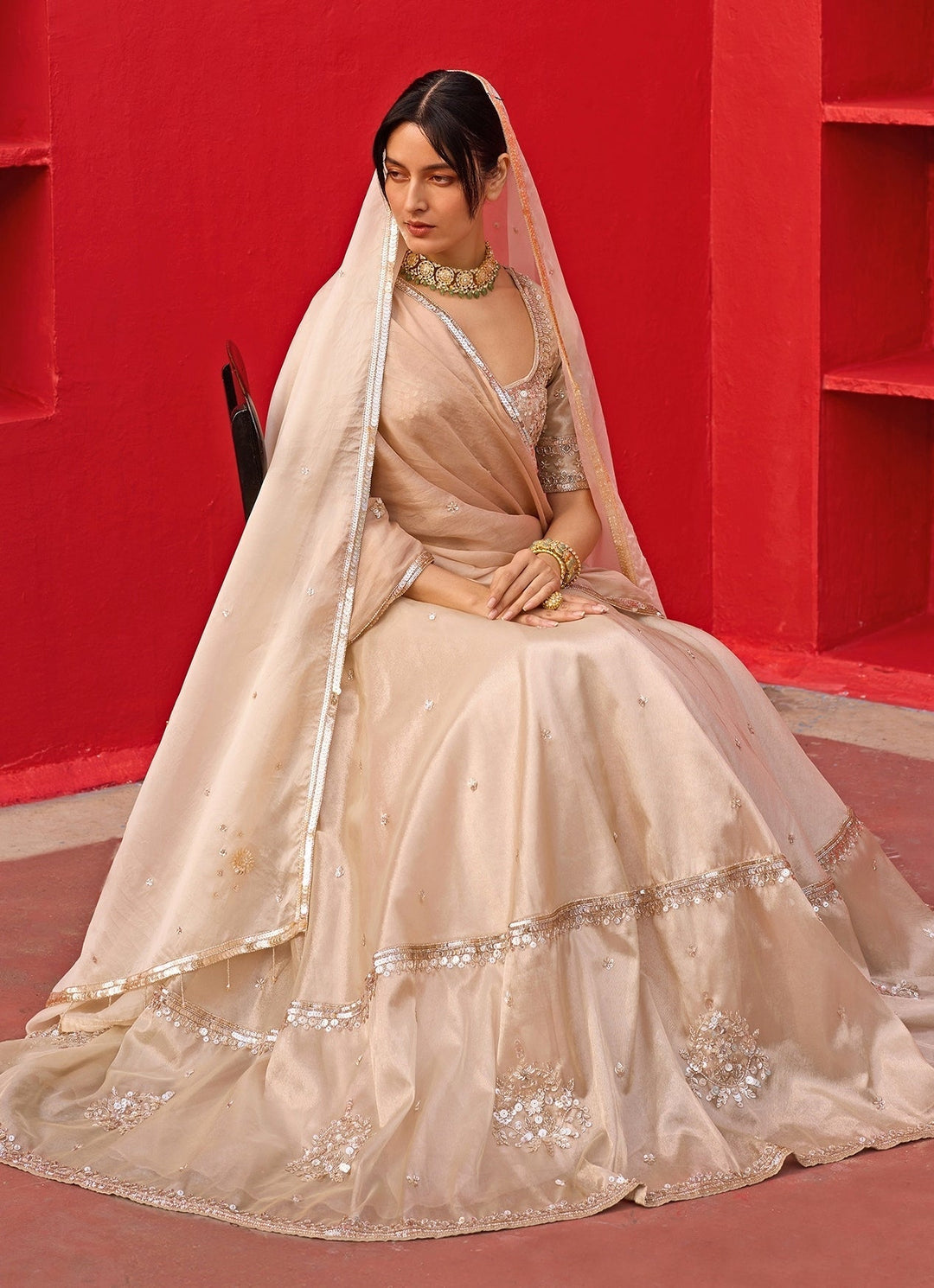 Ivory And Gold Embroidered Tissue Lehenga Set Zoon Tribe - Fabilicious Fashion