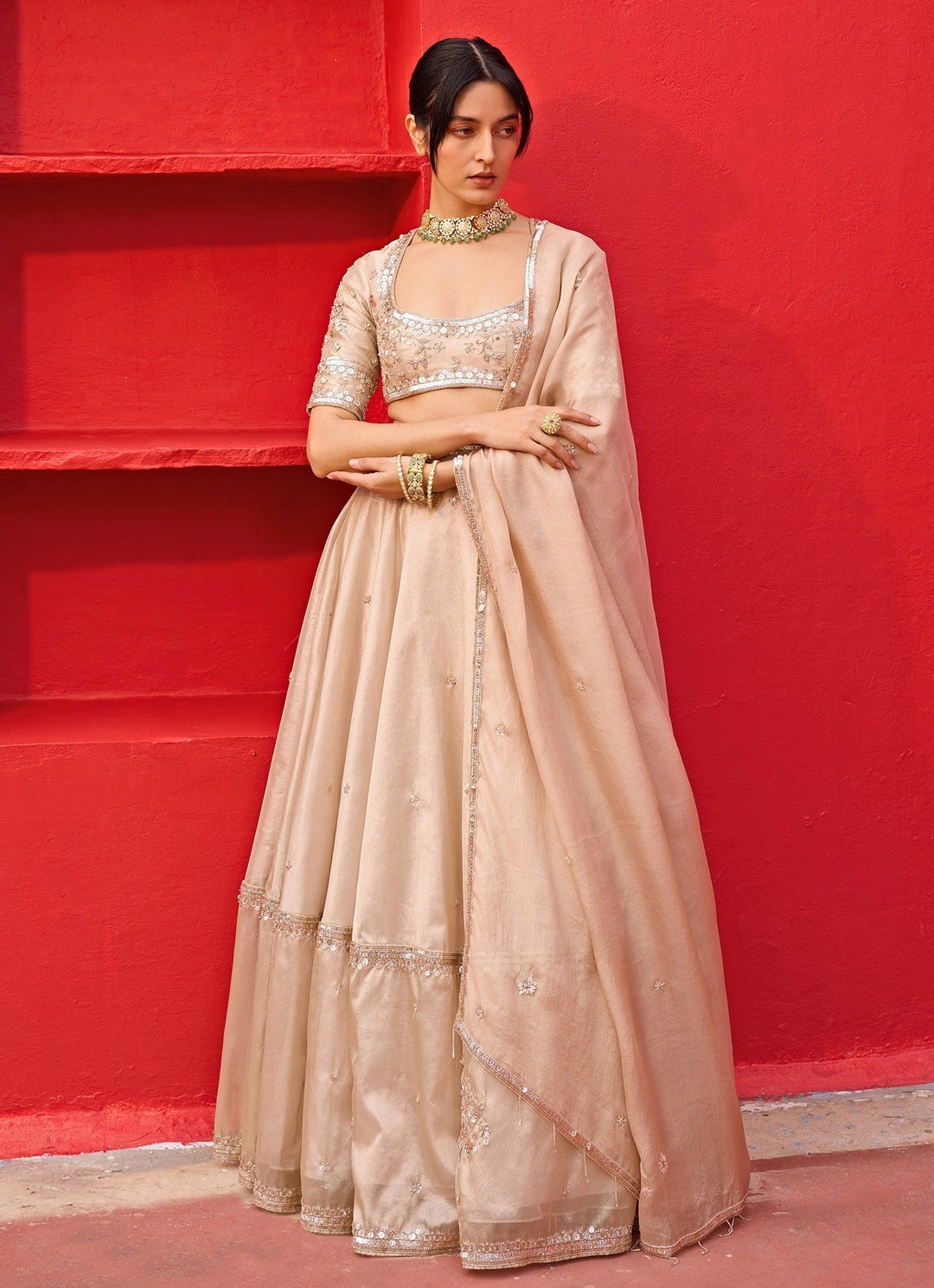 Ivory And Gold Embroidered Tissue Lehenga Set Zoon Tribe - Fabilicious Fashion