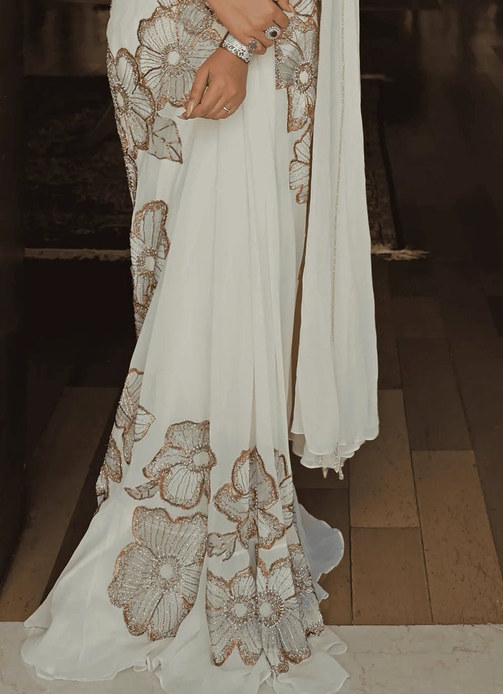 Ivory And Gold Floral Predraped Georgette Saree Moledro - Fabilicious Fashion