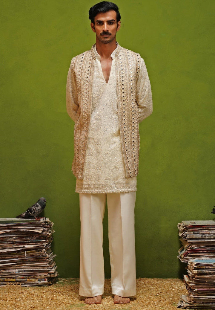 Kalpraag Ivory and Gold Georgette Kurta Jacket SetFabilicious Fashion
