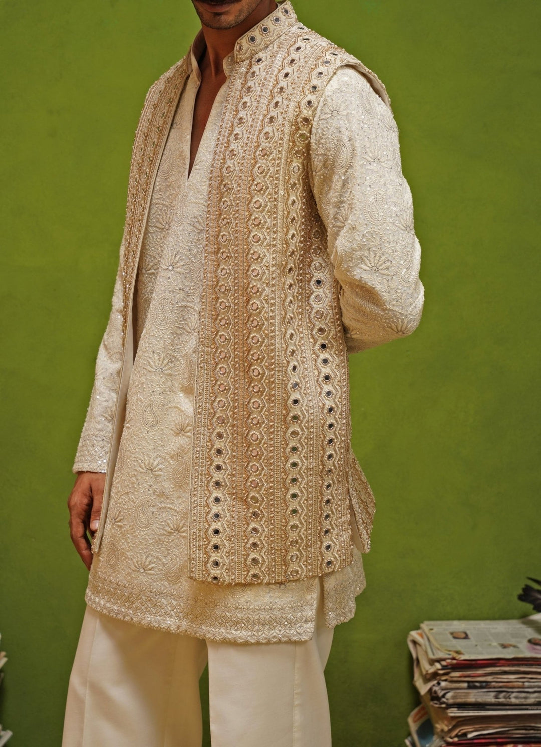 Kalpraag Ivory and Gold Georgette Kurta Jacket SetFabilicious Fashion