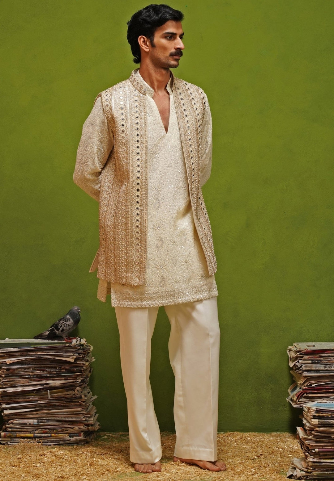 Kalpraag Ivory and Gold Georgette Kurta Jacket SetFabilicious Fashion