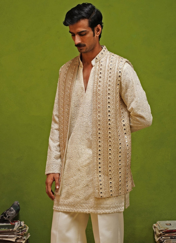 Kalpraag Ivory and Gold Georgette Kurta Jacket SetFabilicious Fashion